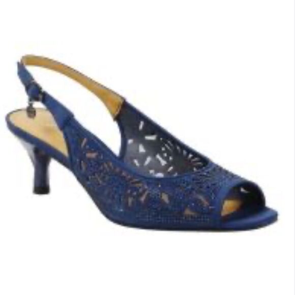 J. Renee ARATA Navy Blue Sparkle Laser Cutout Lace Mesh Open Toe Slingback Heels - Picture 1 of 16